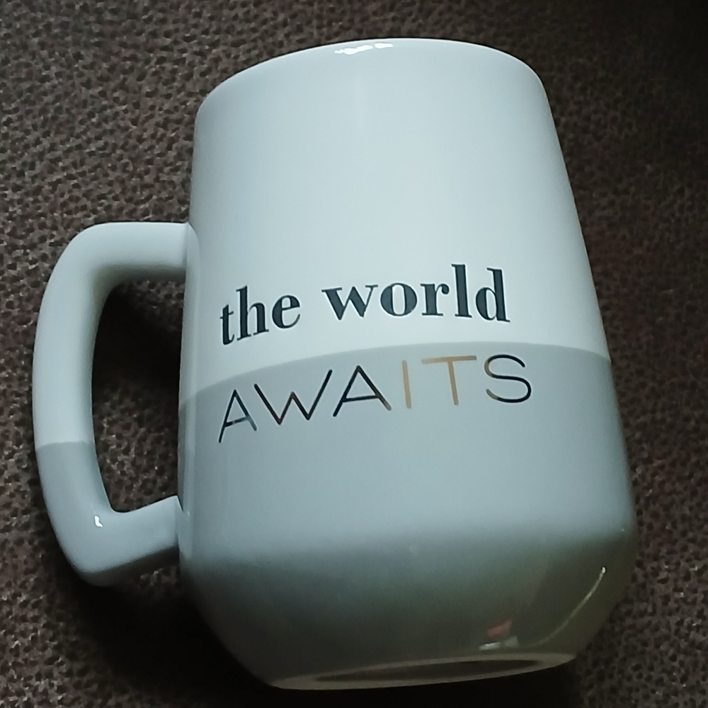 Mudpie White and Gray Mug Coffe Cup The World Awaits